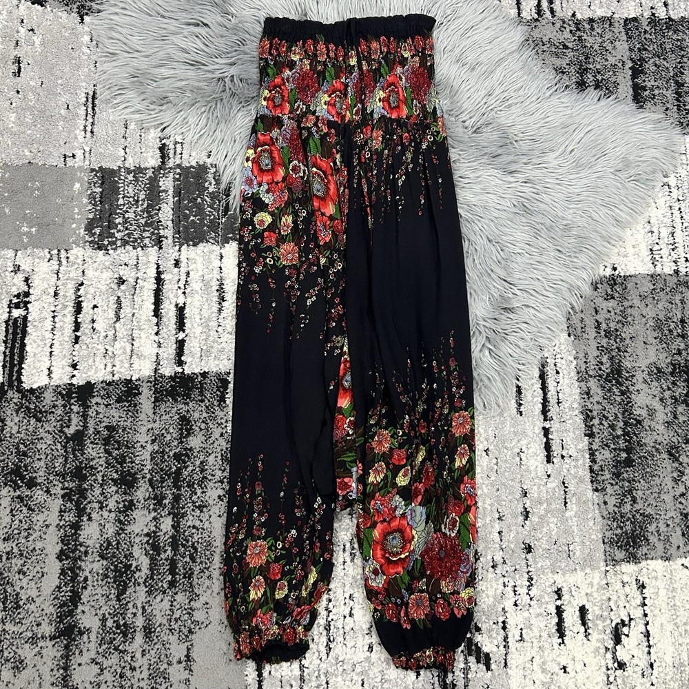 Bohemian High Waisted Smock Style Women's Floral Harem Pants One Size (S/M)